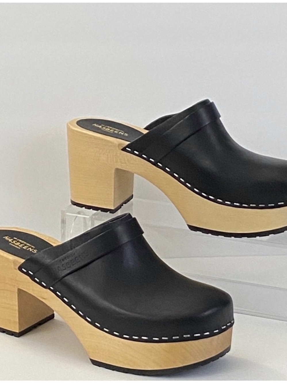 Swedish Hasbeens -Black Leather Clog Mules with Wood Heel